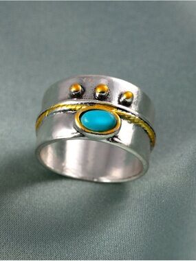 Boho Two-Tone Turquoise Mixed Metal Wide Band Ring